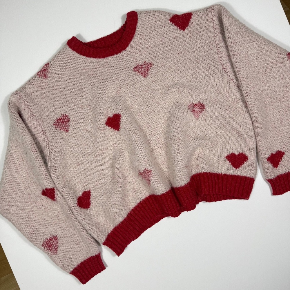Niko and... Pink Heart Knit Sweater Crewneck Pullover Red Hearts Womens Medium